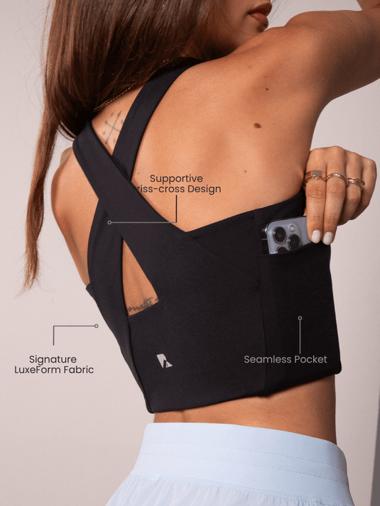Runner's Athletics - Women's Workout Tank Top with Phone Pockets - Black | LuxeForm Criss-Cross Back