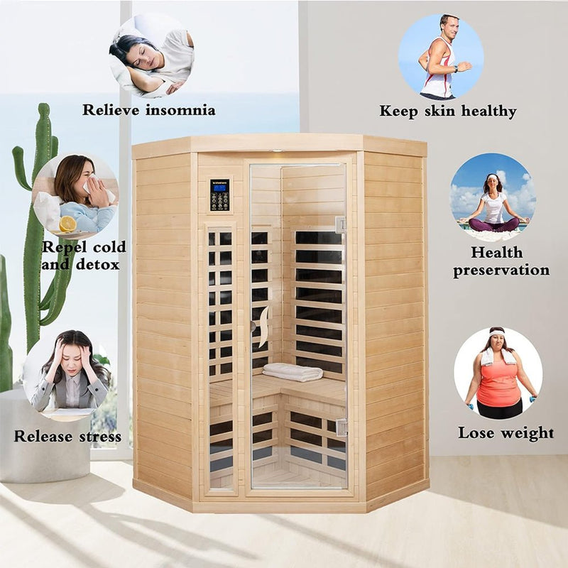 Load image into Gallery viewer, Two-Person Corner Space Infrared Wooden Sauna Room With Bluetooth Speakers, 1600W (SAK81524)
