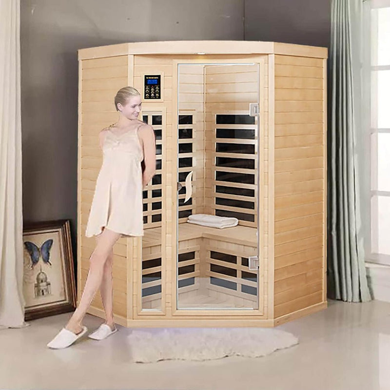 Load image into Gallery viewer, Two-Person Corner Space Infrared Wooden Sauna Room With Bluetooth Speakers, 1600W (SAK81524)
