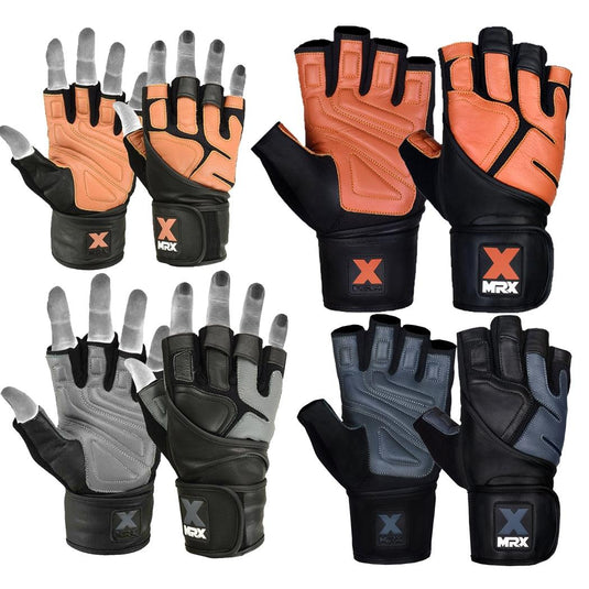 MRX - Men's Weight Lifting Pro Leather Gloves 18 Inches Long Wrist Strap
